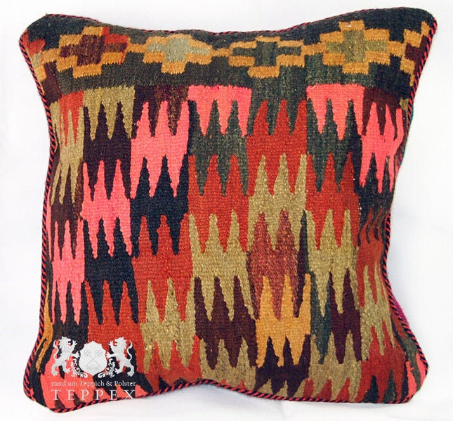 Kelim Kissenhülle Zickzack Rot Pink, 55 × 55 cm (1,8 × 1,8 ft), handgewebtes Unikat