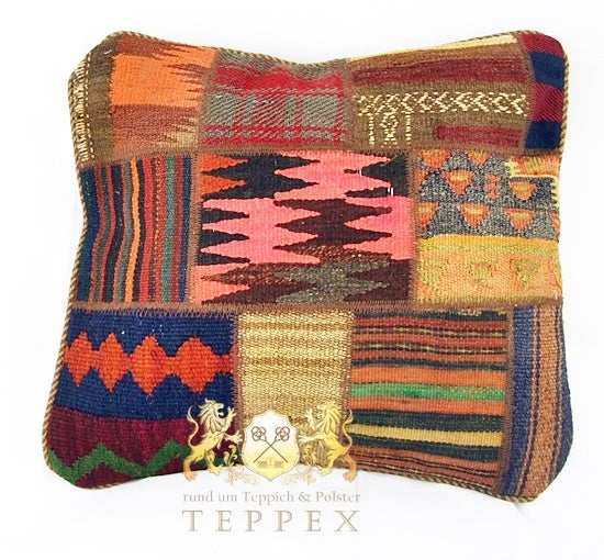 Patchwork Kelim Kissenhülle Pink Blau, handgewebtes Unikat – Ansicht 3