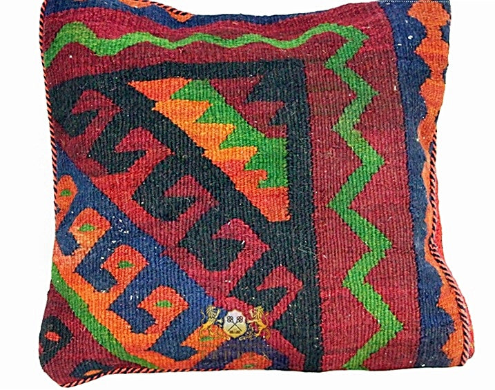 Kelim Kissenhülle Hakenmuster Rot Grün, 50 × 50 cm (1,6 × 1,6 ft), handgewebtes Unikat