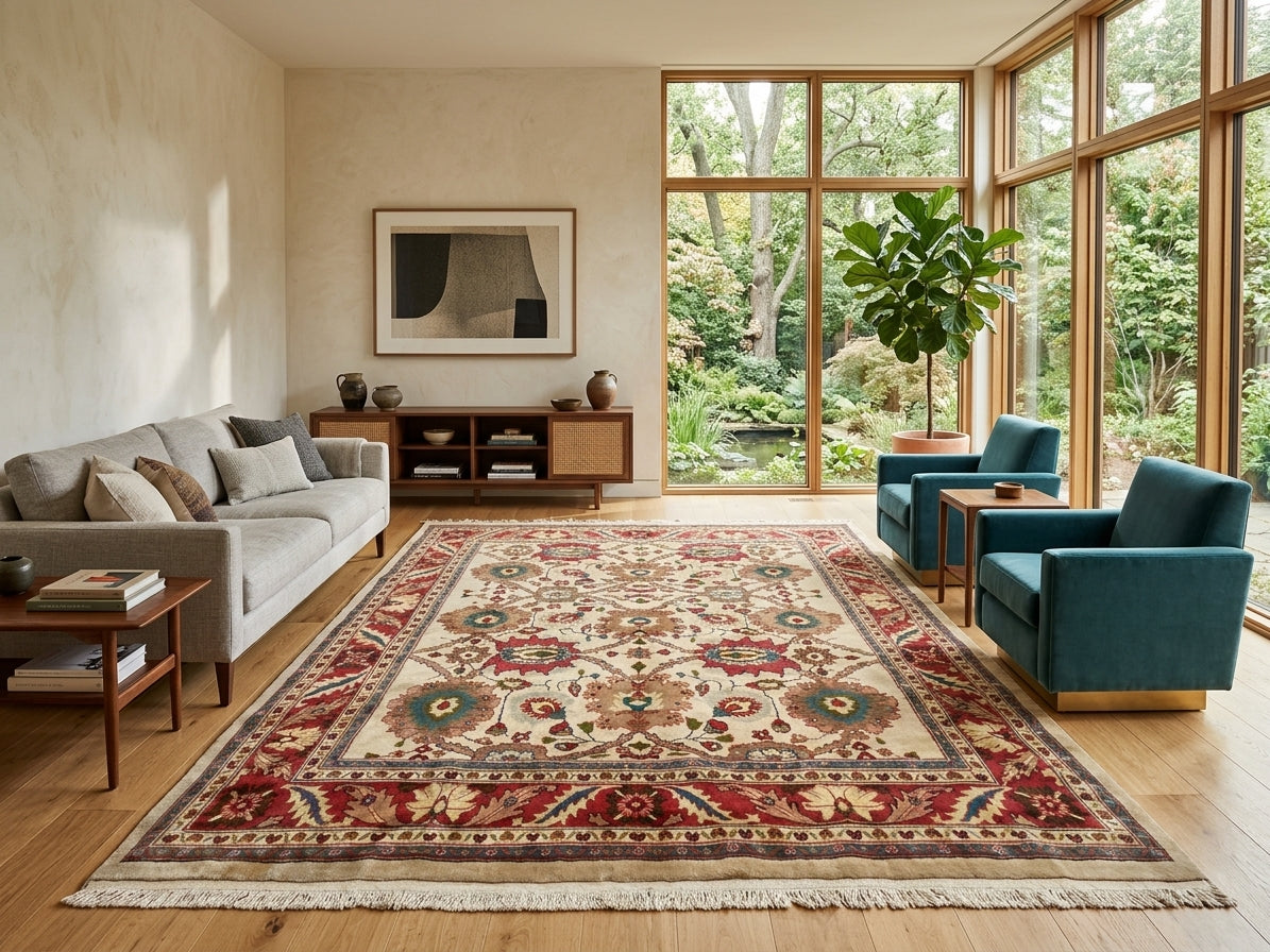 Großer Orientteppich Creme Blüten, handgeknüpftes Unikat – Ansicht 2