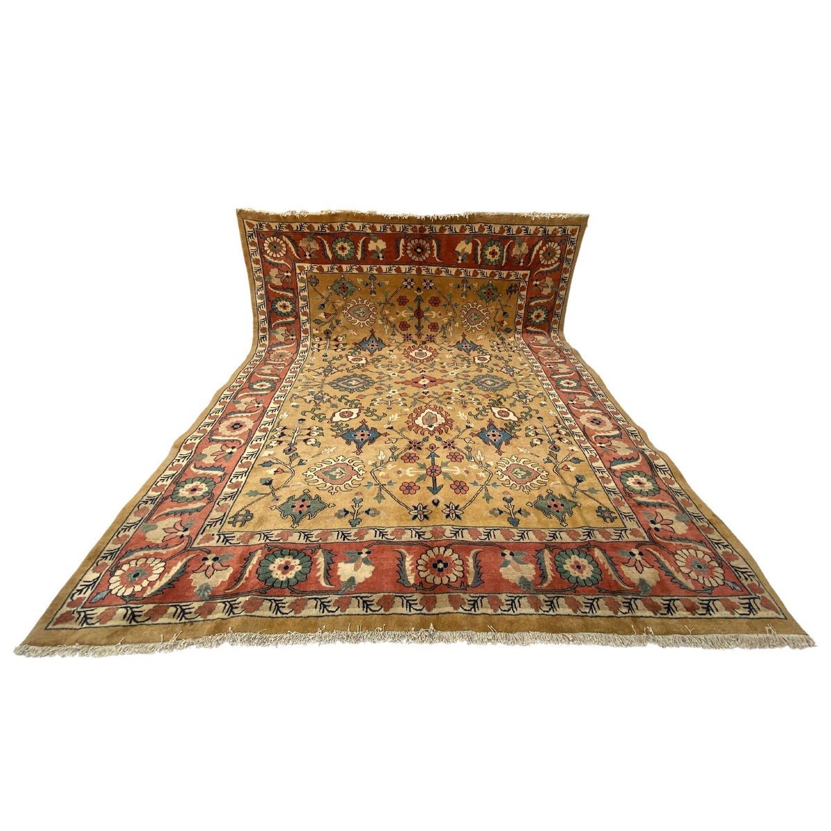 Großer Orientteppich Ocker, 364 × 297 cm (11,9 × 9,7 ft), handgeknüpftes Unikat
