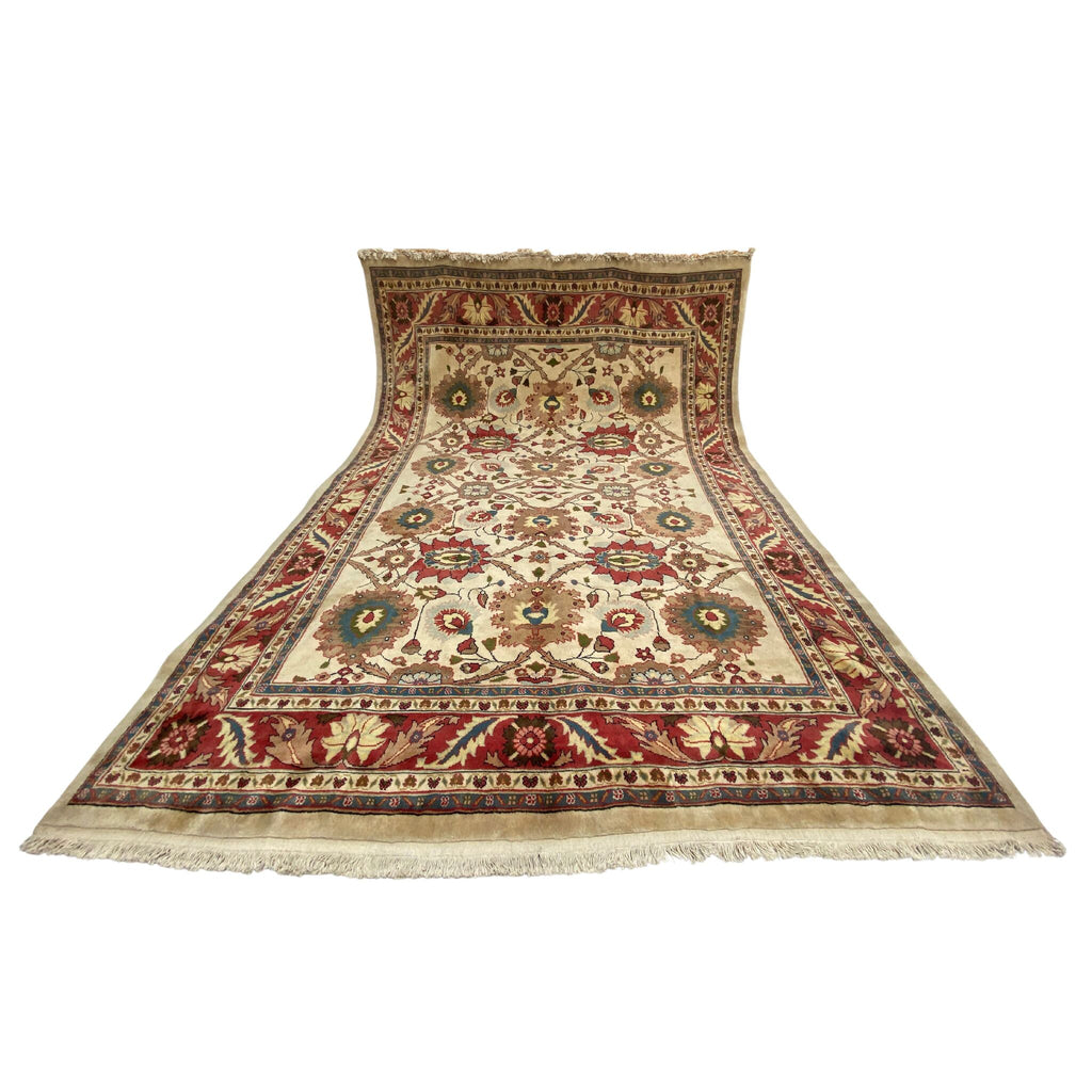 Großer Orientteppich Creme Blüten, 345 × 255 cm (11,3 × 8,4 ft), handgeknüpftes Unikat