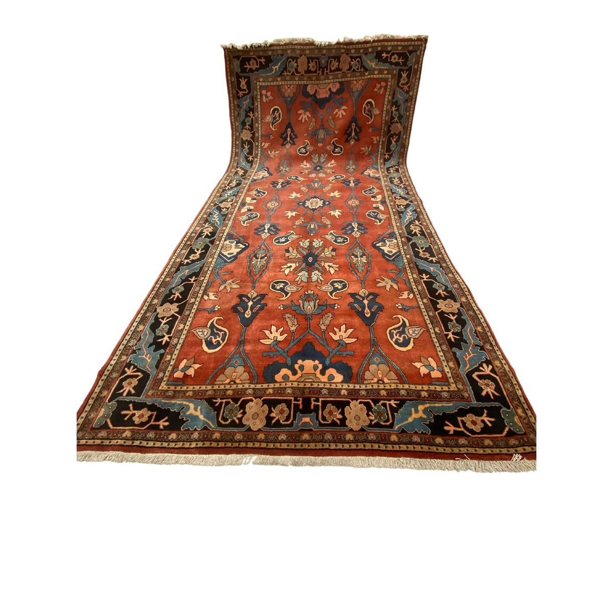 Großer Orientteppich Braun Blüten, 401 × 206 cm (13,2 × 6,8 ft), handgeknüpftes Unikat