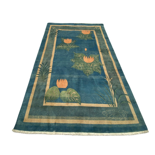 Großer Orientteppich Blau florale Motive, 299 × 199 cm (9,8 × 6,5 ft), handgeknüpftes Unikat