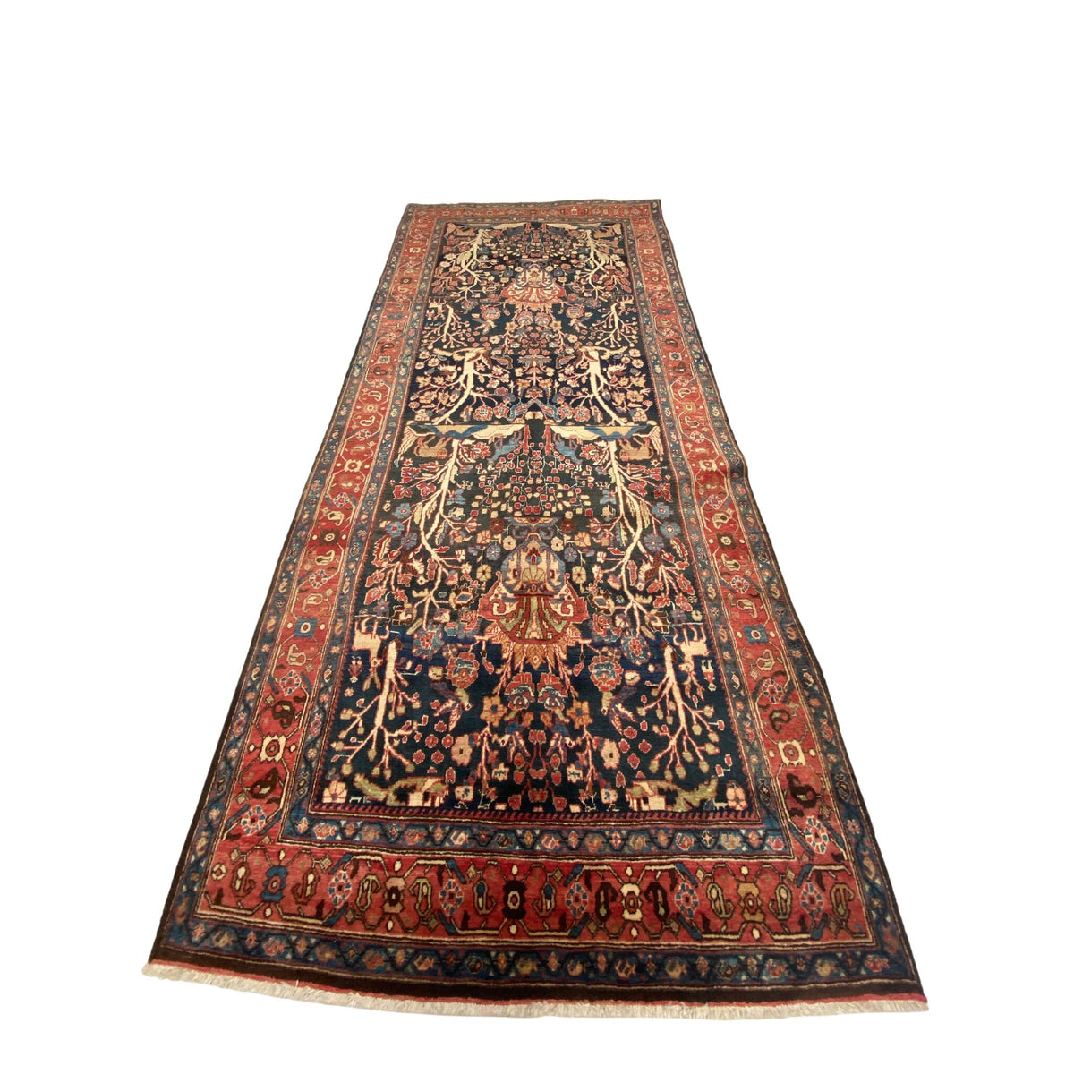 Großer Nomadenteppich Blau Lebensbaum, 310 × 140 cm (10,2 × 4,6 ft), handgeknüpftes Unikat