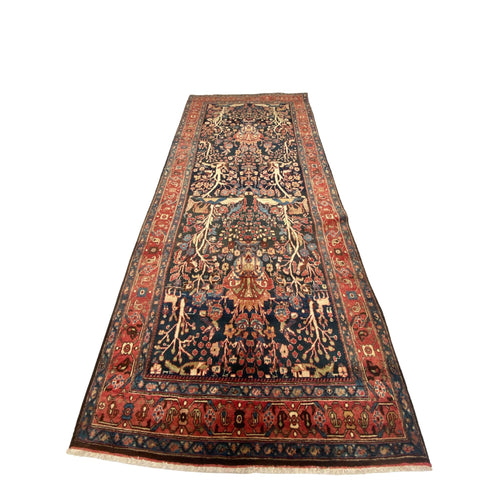 Großer Nomadenteppich Blau Lebensbaum, 310 × 140 cm (10,2 × 4,6 ft), handgeknüpftes Unikat