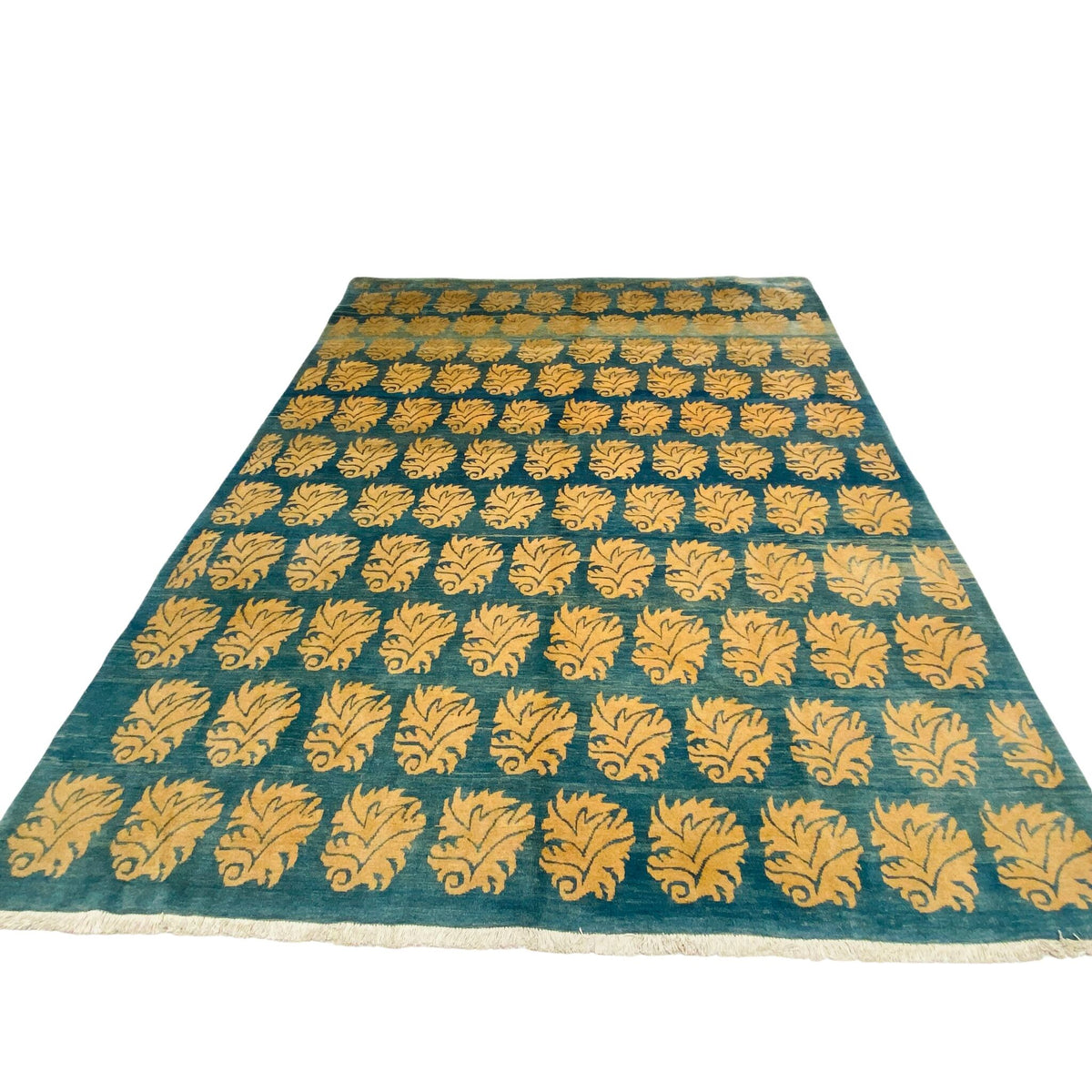 Großer Orientteppich Blau Blattmotive, 342 × 253 cm (11,2 × 8,3 ft), handgeknüpftes Unikat