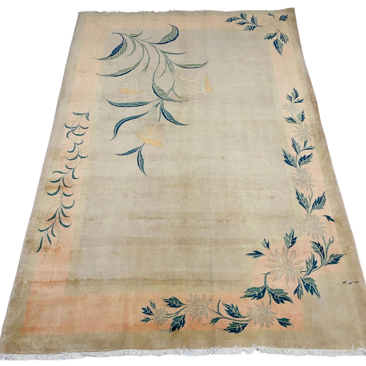 Großer Orientteppich Beige florale Motive, 294 × 198 cm (9,6 × 6,5 ft), handgeknüpftes Unikat