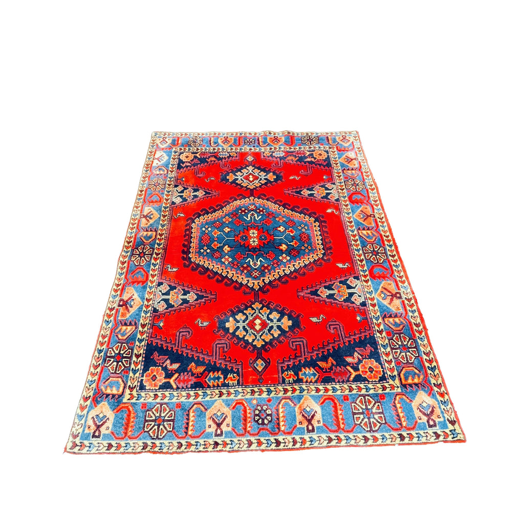 Orientteppich Rot Blau Medaillon, 207 × 160 cm (6,8 × 5,2 ft), handgeknüpftes Unikat