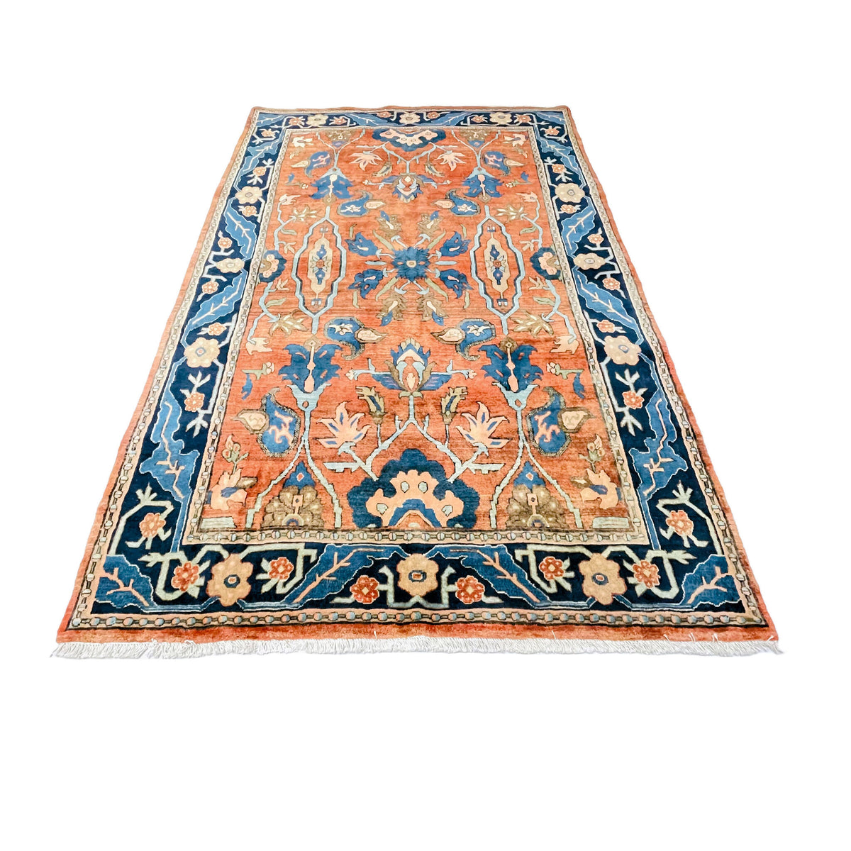 Orientteppich Terracotta Blau Palmetten, 246 × 163 cm (8,1 × 5,3 ft), handgeknüpftes Unikat