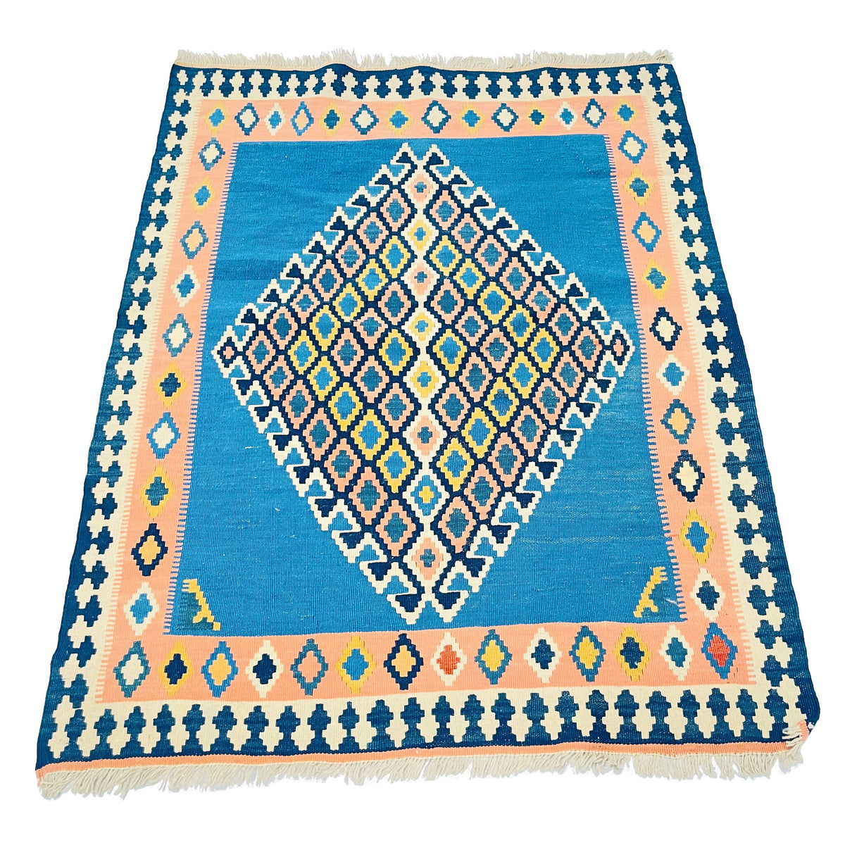 Kelim Teppich Türkis Blau, 140 × 112 cm (4,6 × 3,7 ft), handgewebtes Unikat