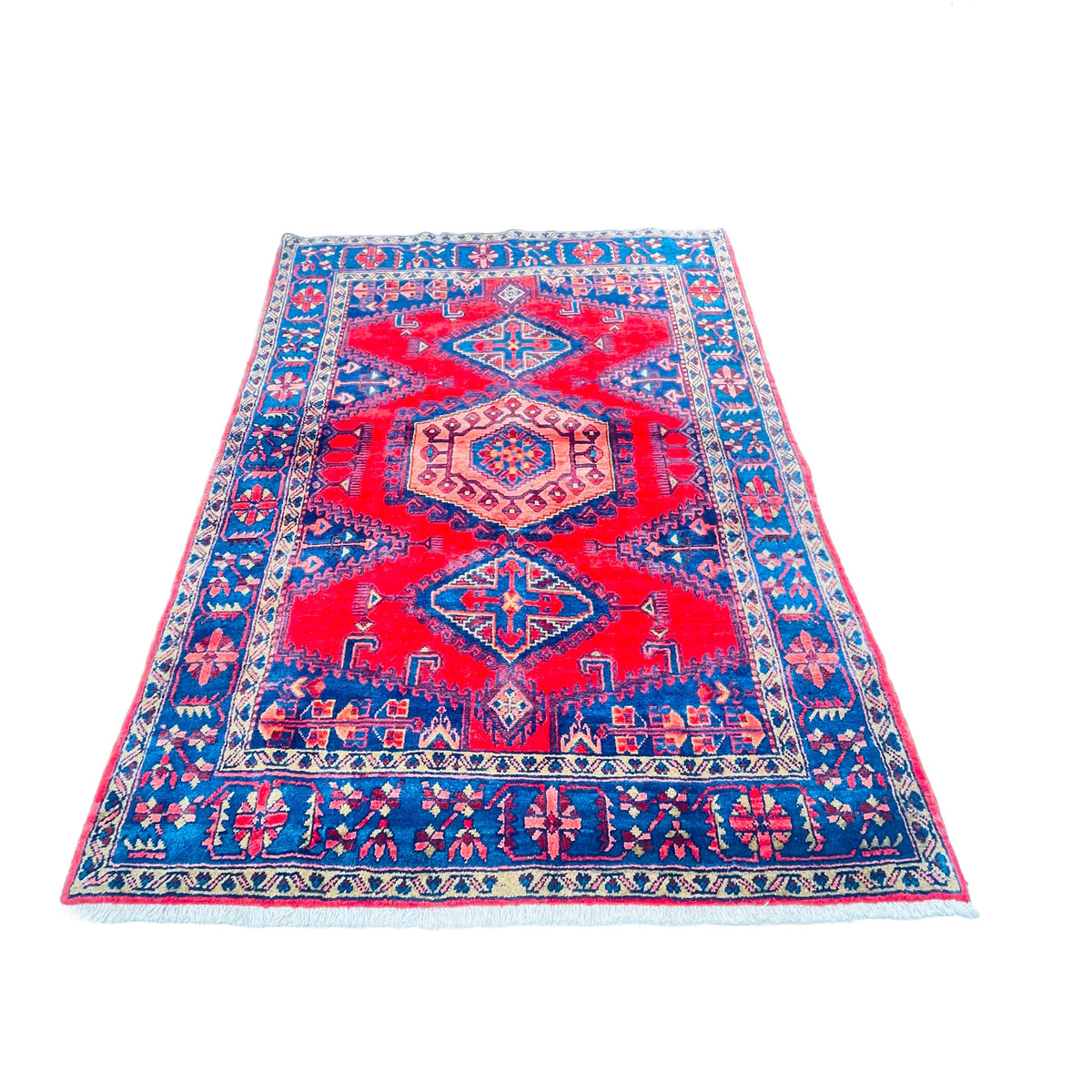 Orientteppich Rot Blau Sechseck-Medaillon, 202 × 155 cm (6,6 × 5,1 ft), handgeknüpftes Unikat