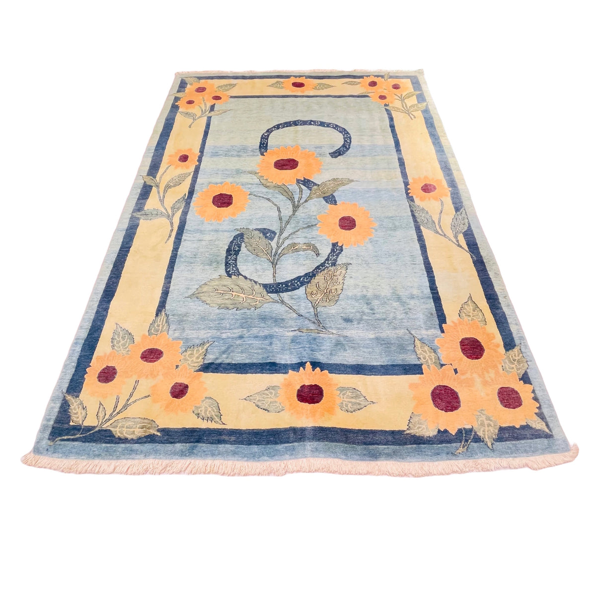 Designer Teppich Sonnenblumen Hellblau, 240 × 173 cm (7,9 × 5,7 ft), handgeknüpftes Unikat