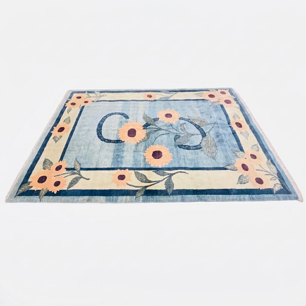 Designer Teppich Sonnenblumen Hellblau, handgeknüpftes Unikat – Ansicht 4