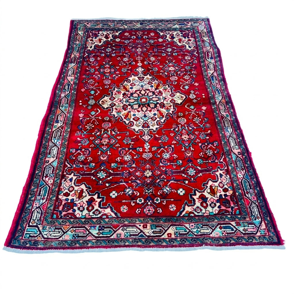 Orientteppich Rot Weiß Medaillon, 180 × 110 cm (5,9 × 3,6 ft), handgeknüpftes Unikat