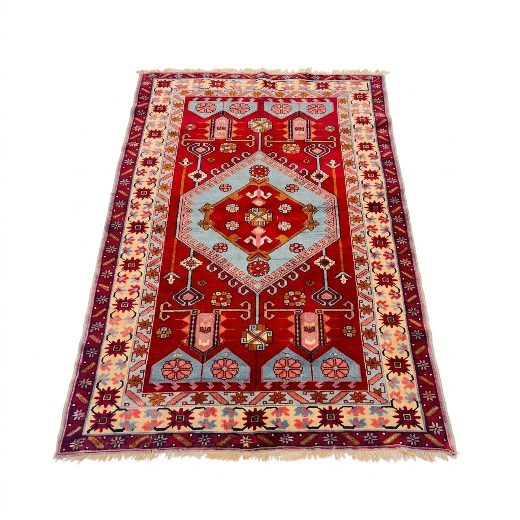 Antiker Kazak Teppich Rot Hellblau, 180 × 129 cm (5,9 × 4,2 ft), handgeknüpftes Unikat