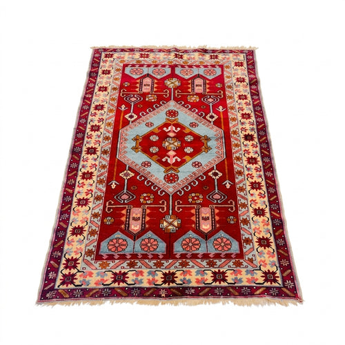 Antiker Kazak Teppich Rot Hellblau, 180 × 129 cm (5,9 × 4,2 ft), handgeknüpftes Unikat