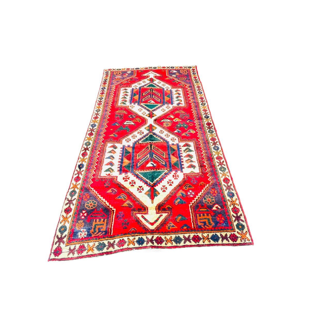 Orientteppich Rot Weiß Doppel-Medaillon, 230 × 128 cm (7,5 × 4,2 ft), handgeknüpftes Unikat