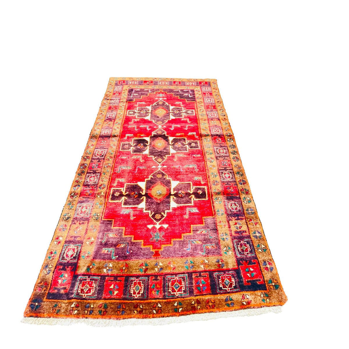 Orientteppich Rot Violett Medaillons, 255 × 137 cm (8,4 × 4,5 ft), handgeknüpftes Unikat