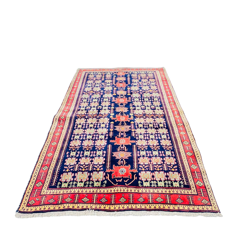 Orientteppich Blau Rot Gittermuster, 234 × 168 cm (7,7 × 5,5 ft), handgeknüpftes Unikat