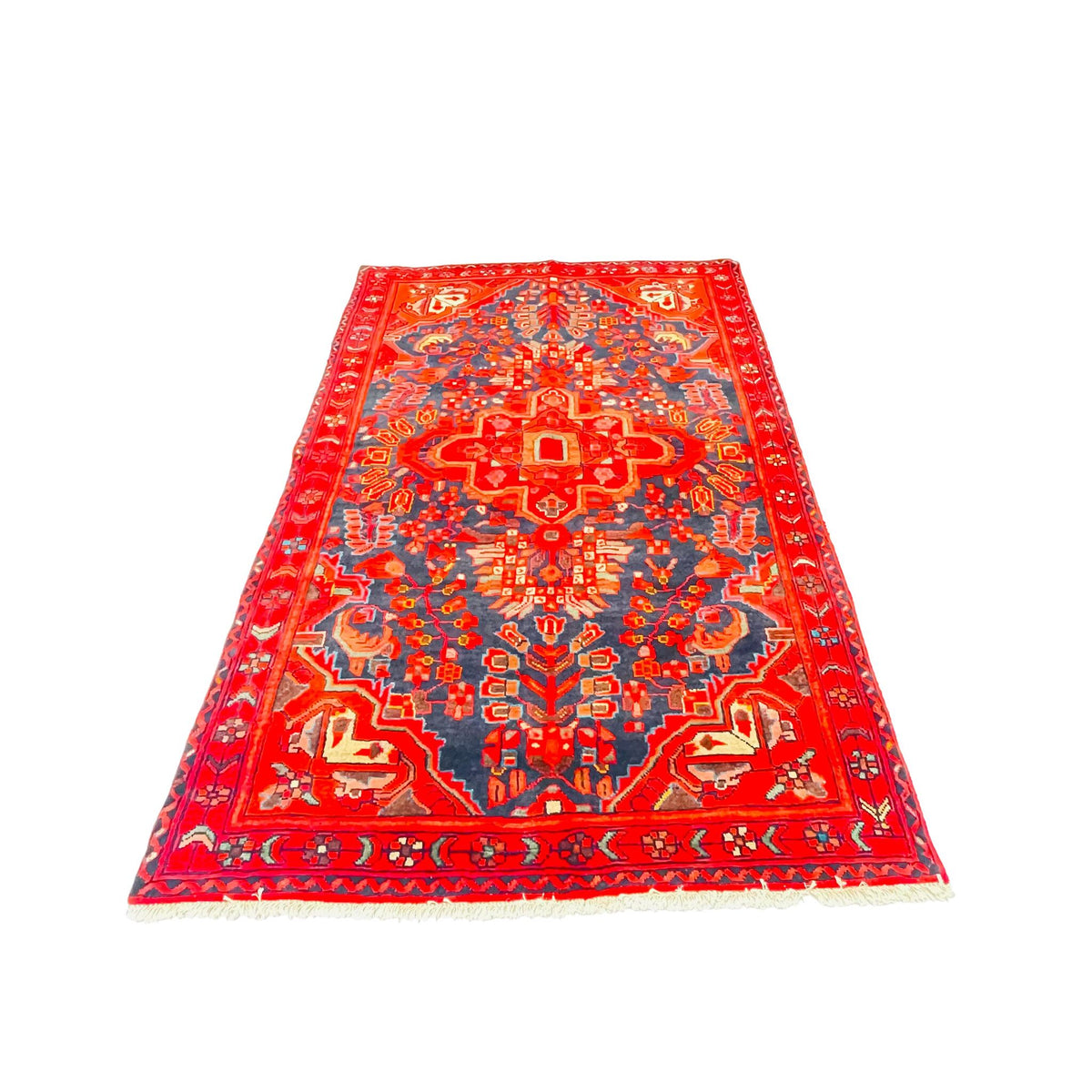 Orientteppich Rot Blau Stern-Medaillon, 213 × 145 cm (7,0 × 4,8 ft), handgeknüpftes Unikat