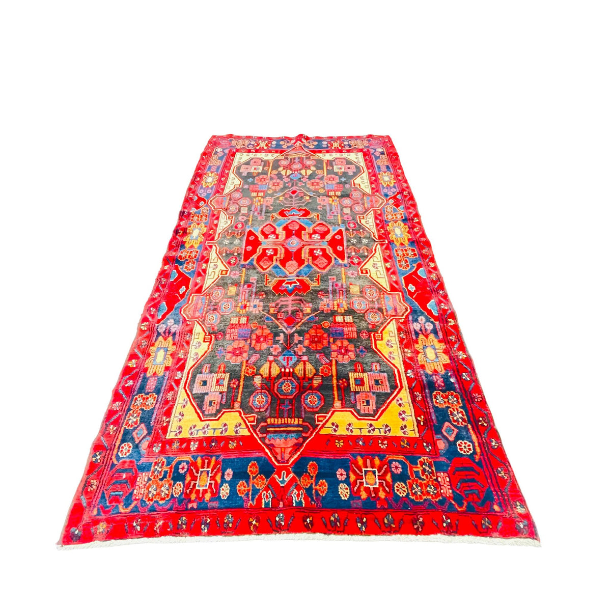 Orientteppich Anthrazit Blau Rot Medaillon, 263 × 150 cm (8,6 × 4,9 ft), handgeknüpftes Unikat