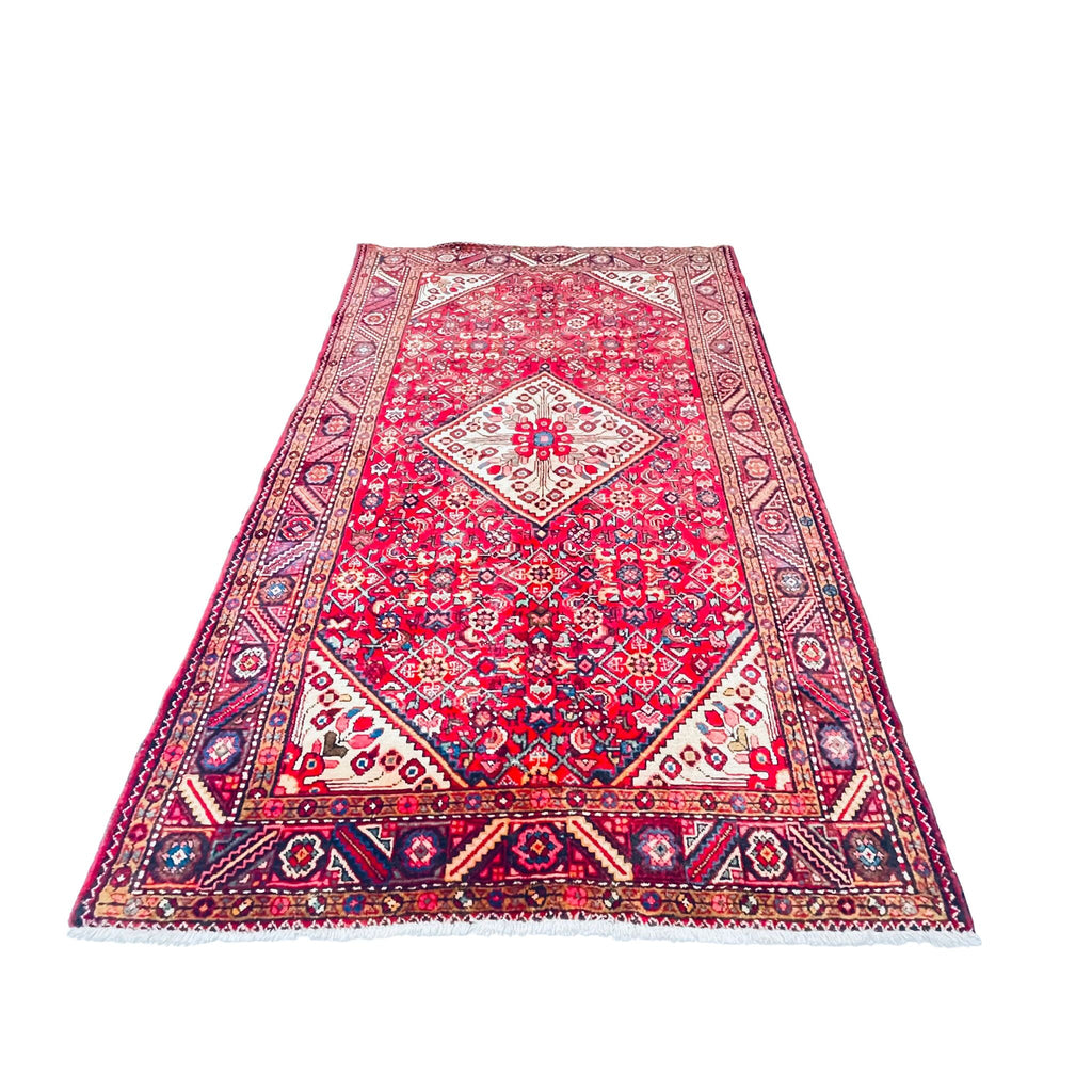 Orientteppich Rot Weiß Rauten-Medaillon, 248 × 162 cm (8,1 × 5,3 ft), handgeknüpftes Unikat