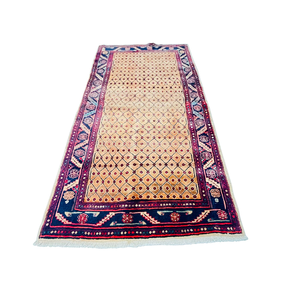 Orientteppich Beige Blau Gittermuster, 233 × 135 cm (7,6 × 4,4 ft), handgeknüpftes Unikat