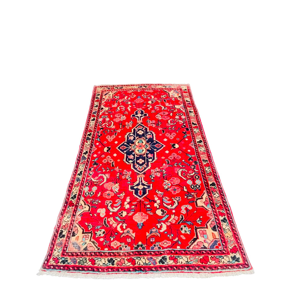 Orientteppich Rot Blau Florales Medaillon, 205 × 133 cm (6,7 × 4,4 ft), handgeknüpftes Unikat