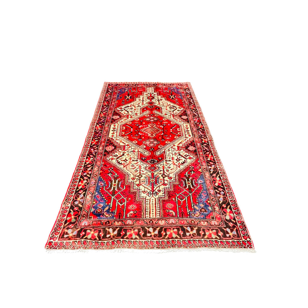 Orientteppich Rot Weiß Rauten-Medaillon, 239 × 141 cm (7,8 × 4,6 ft), handgeknüpftes Unikat