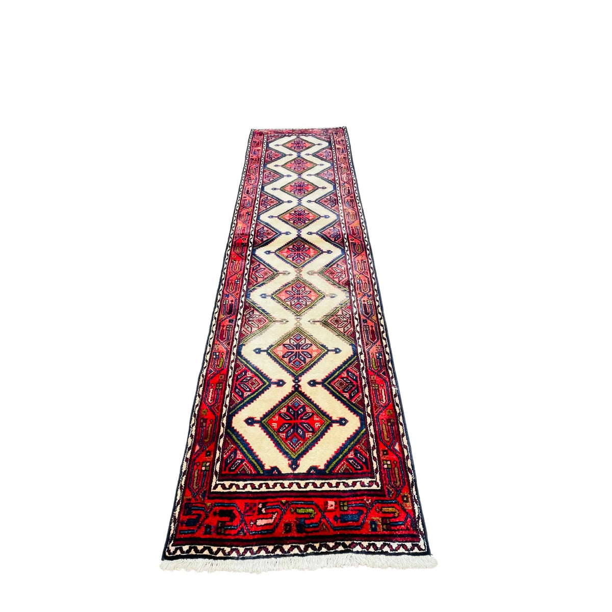 Orientteppich Läufer Creme Rot Rauten, 292 × 82 cm (9,6 × 2,7 ft), handgeknüpftes Unikat