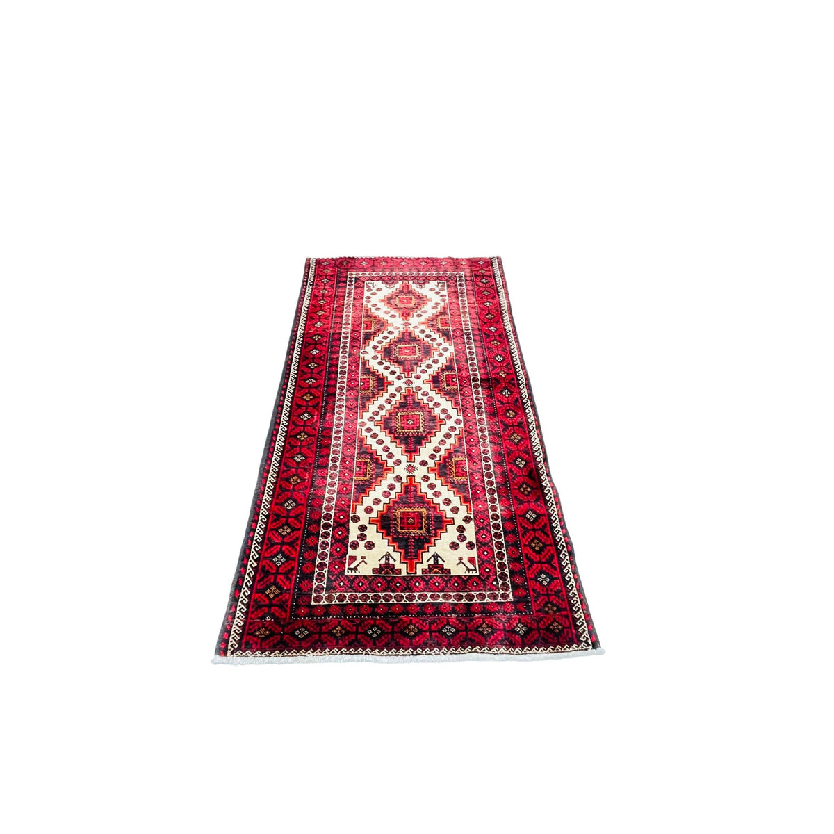 Orientteppich Läufer Rot Creme Rauten, 190 × 100 cm (6,2 × 3,3 ft), handgeknüpftes Unikat