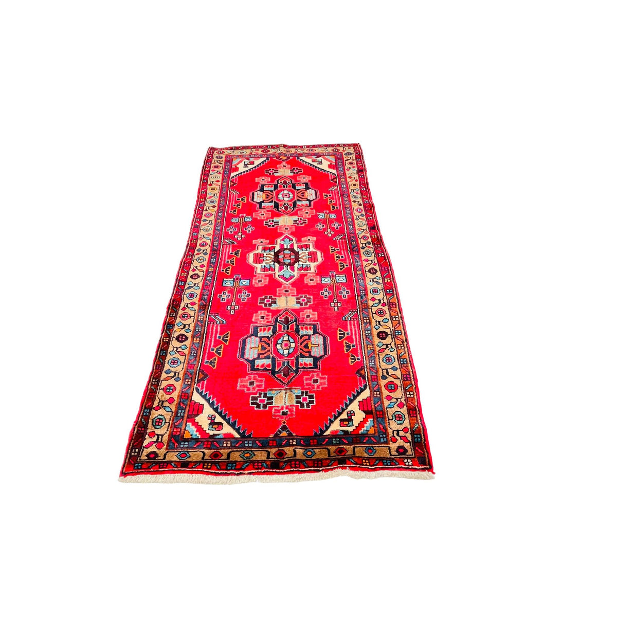 Orientteppich Läufer Rot 3 Medaillons, 218 × 105 cm (7,2 × 3,4 ft), handgeknüpftes Unikat