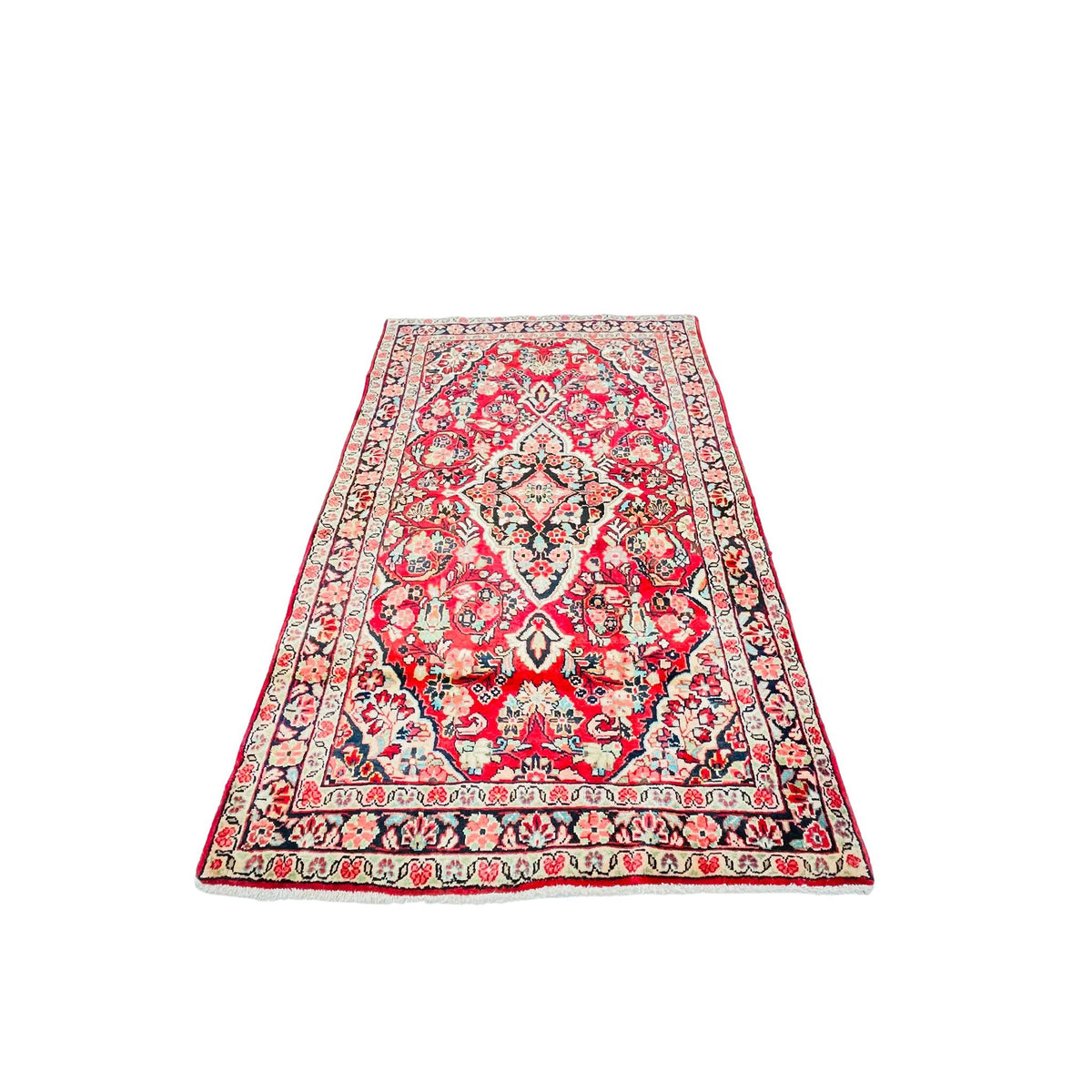 Orientteppich Rot Creme Florales Medaillon, 217 × 130 cm (7,1 × 4,3 ft), handgeknüpftes Unikat