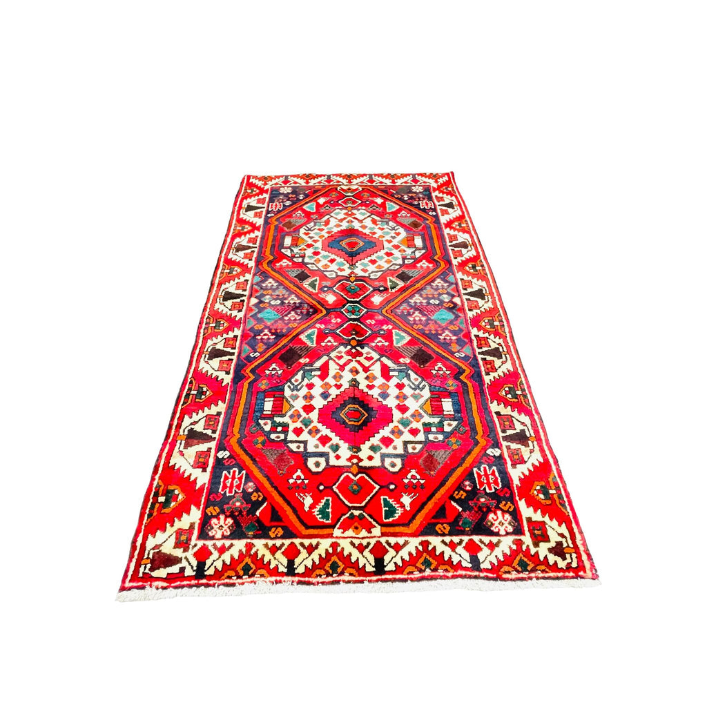 Orientteppich Rot Blau Geometrisch Medaillon, 230 × 138 cm (7,5 × 4,5 ft), handgeknüpftes Unikat