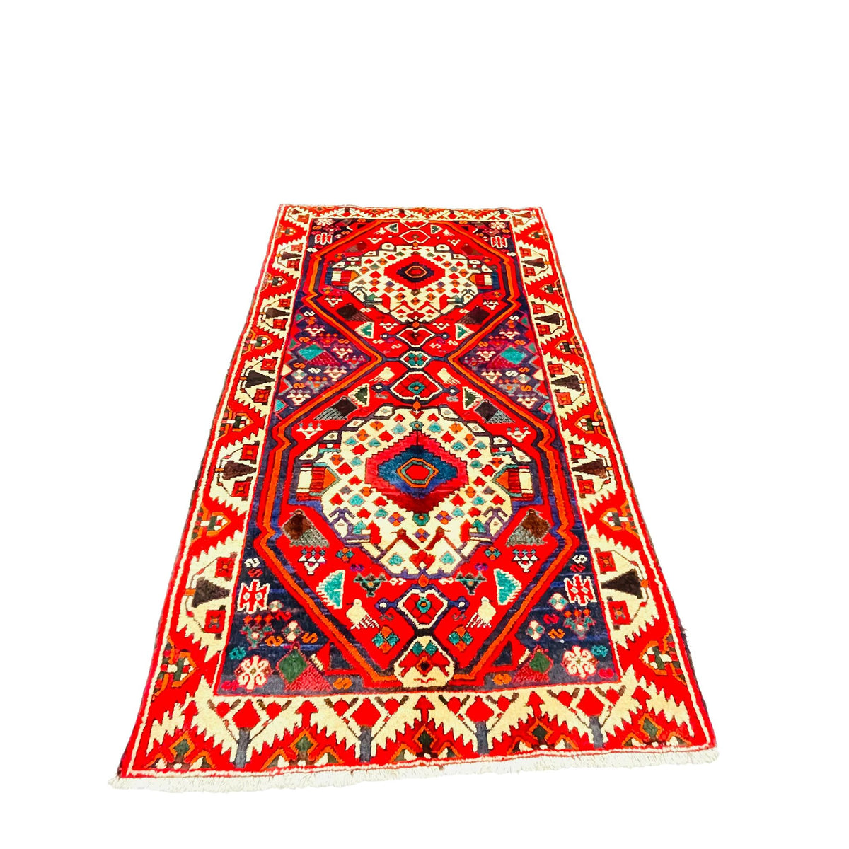 Orientteppich Rot Blau Geometrisch Medaillon, handgeknüpftes Unikat – Ansicht 3