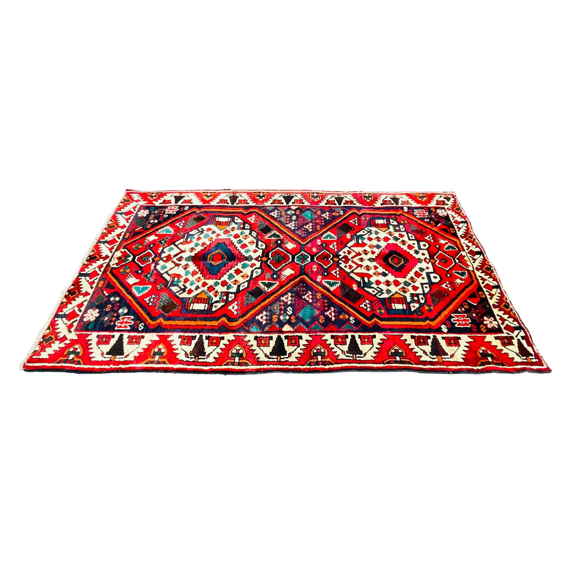 Orientteppich Rot Blau Geometrisch Medaillon, handgeknüpftes Unikat – Ansicht 4