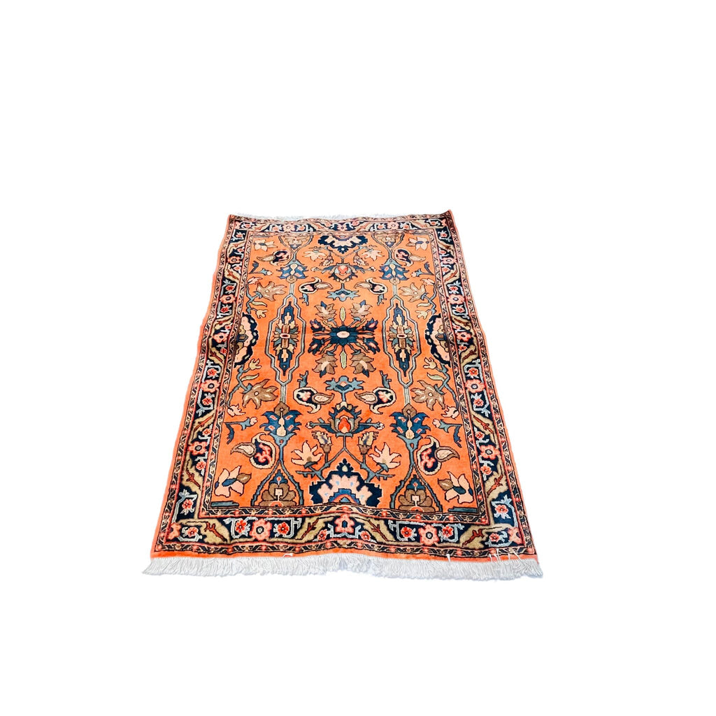 Orientteppich Orange Blau Florale Motive, 150 × 107 cm (4,9 × 3,5 ft), handgeknüpftes Unikat