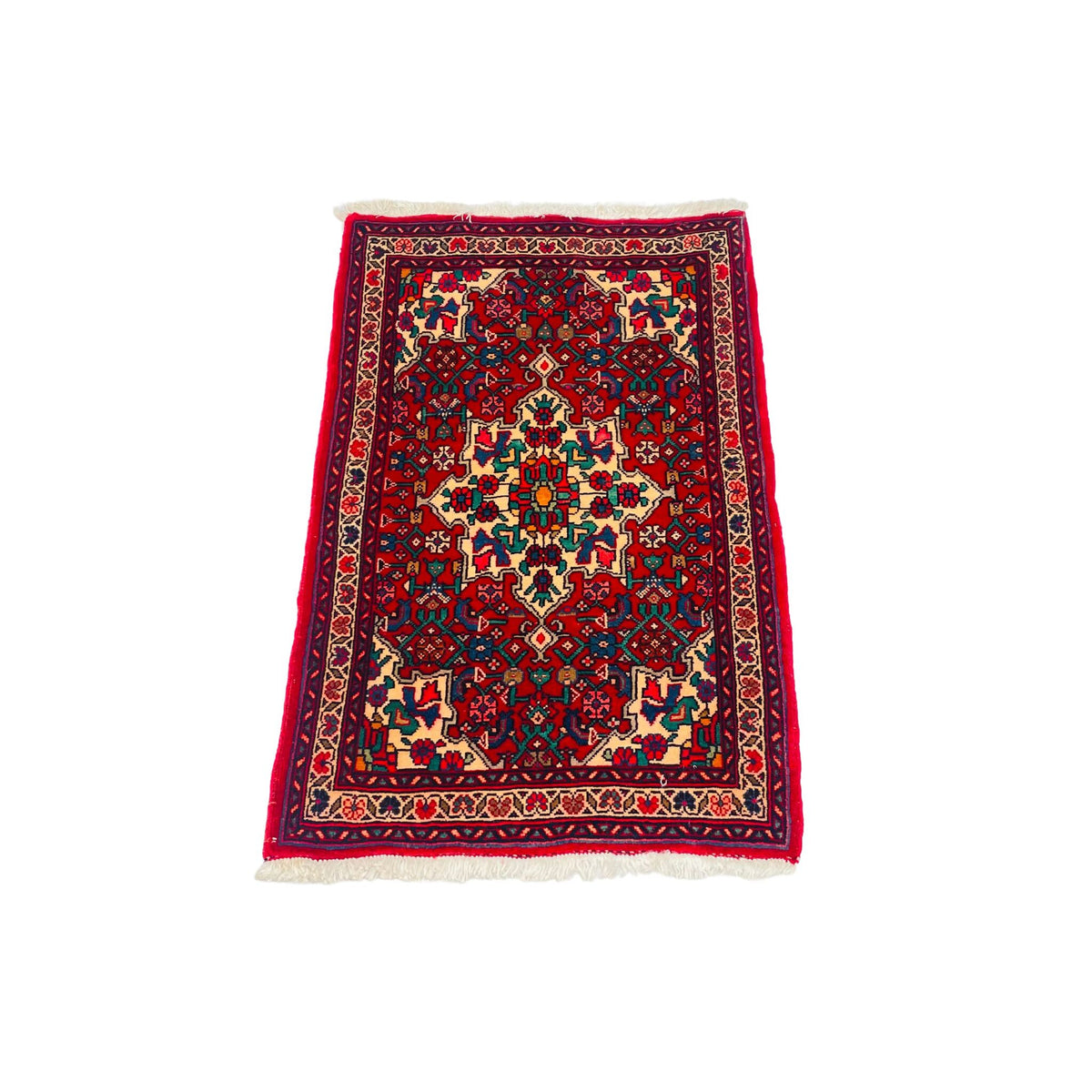 Orientteppich Rot Creme Türkis Medaillon, 87 × 51 cm (2,9 × 1,7 ft), handgeknüpftes Unikat
