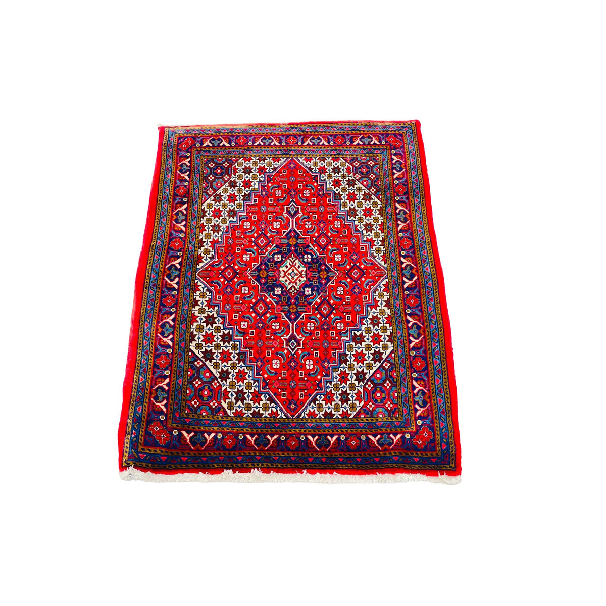 Orientteppich Rot Blau Medaillon, 86 × 66 cm (2,8 × 2,2 ft), handgeknüpftes Unikat