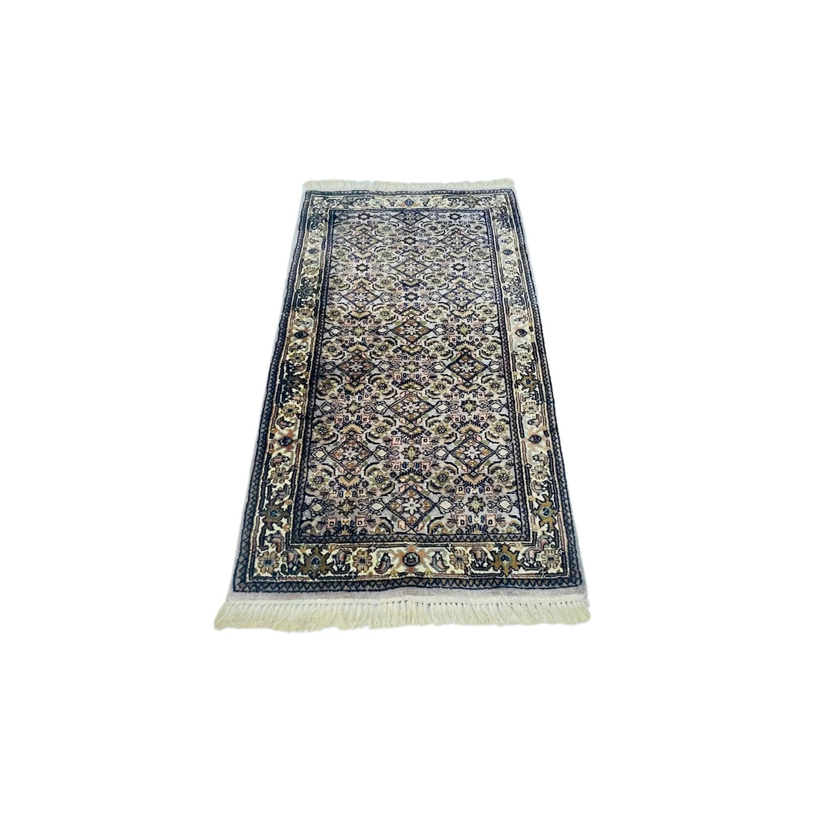 Pakistanischer Teppich Blau Silber-Grau, 138 × 76 cm (4,5 × 2,5 ft), handgeknüpftes Unikat