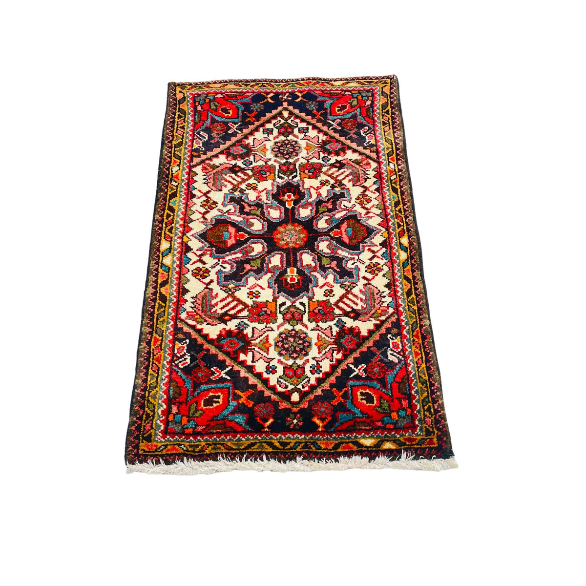 Poshti Teppich Klein Medaillon Rot Blau, 106 × 63 cm (3,5 × 2,1 ft), handgeknüpftes Unikat