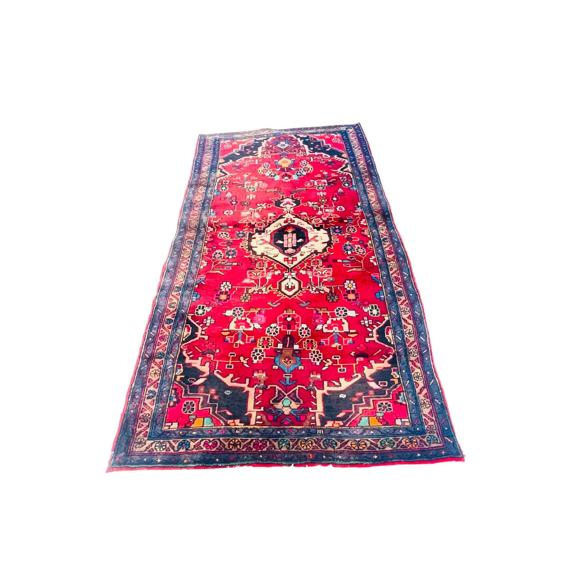 Orientteppich Läufer Rot Blau Medaillon, 225 × 118 cm (7,4 × 3,9 ft), handgeknüpftes Unikat