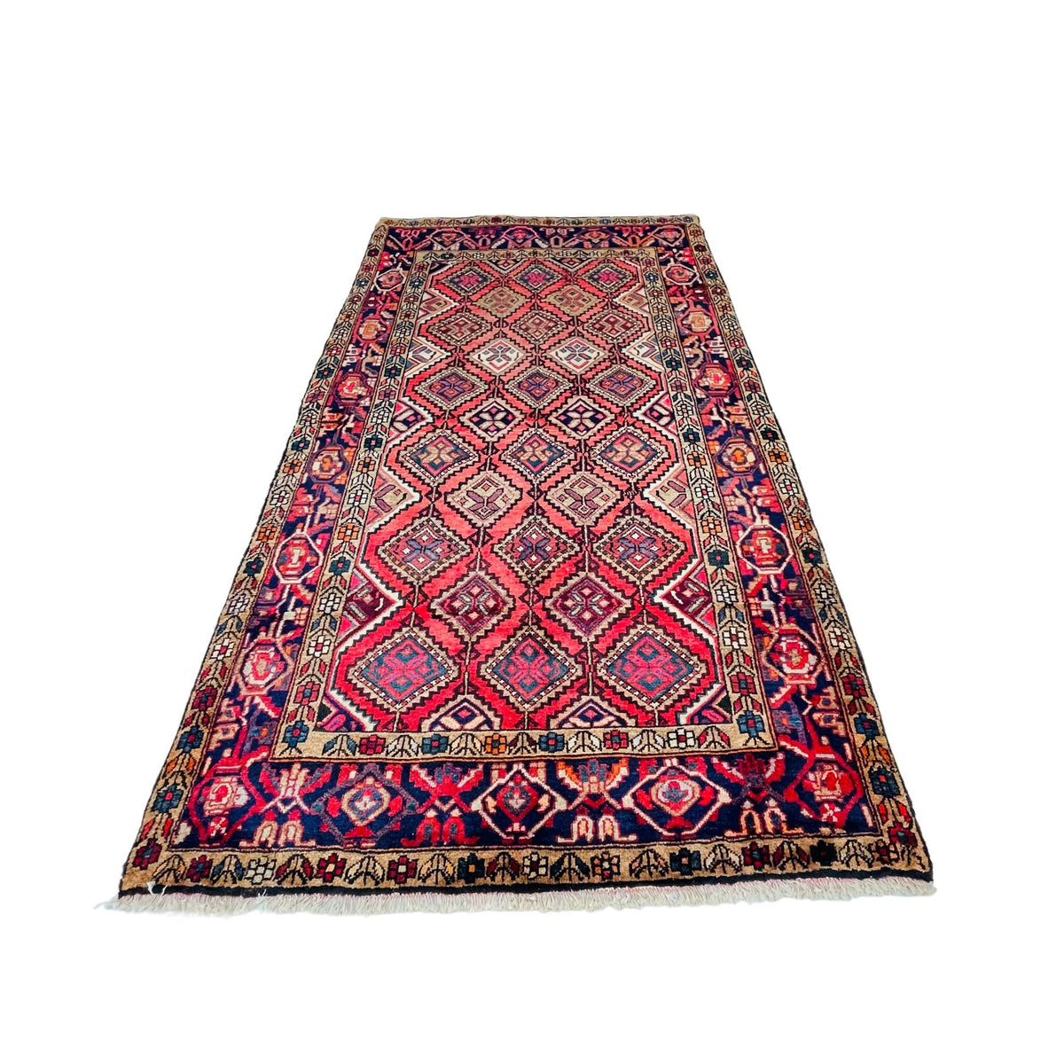 Handgeknüpfter Orientteppich Rot Blau Rautenmuster, 247 × 142 cm (8,1 × 4,7 ft), Unikat