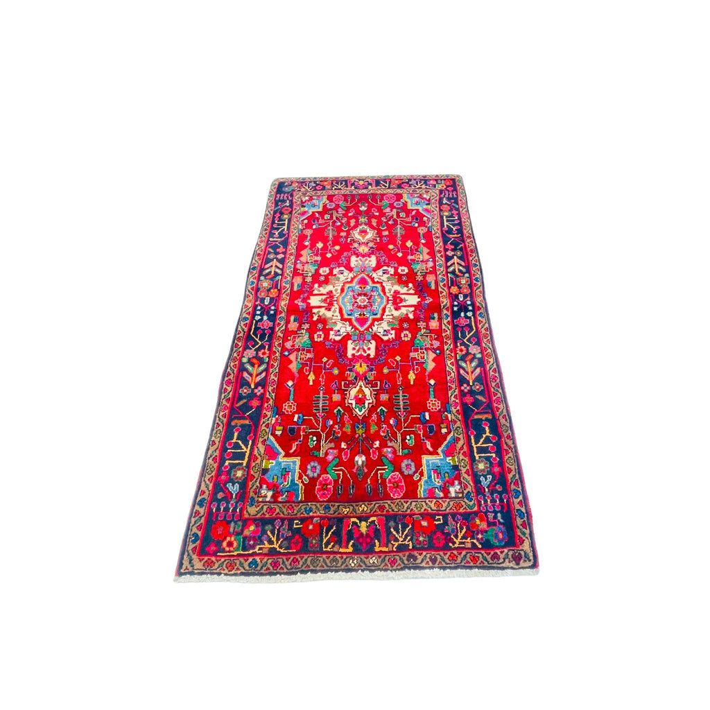 Orientteppich Rot Blau Medaillons, 190 × 160 cm (6,2 × 5,2 ft), handgeknüpftes Unikat