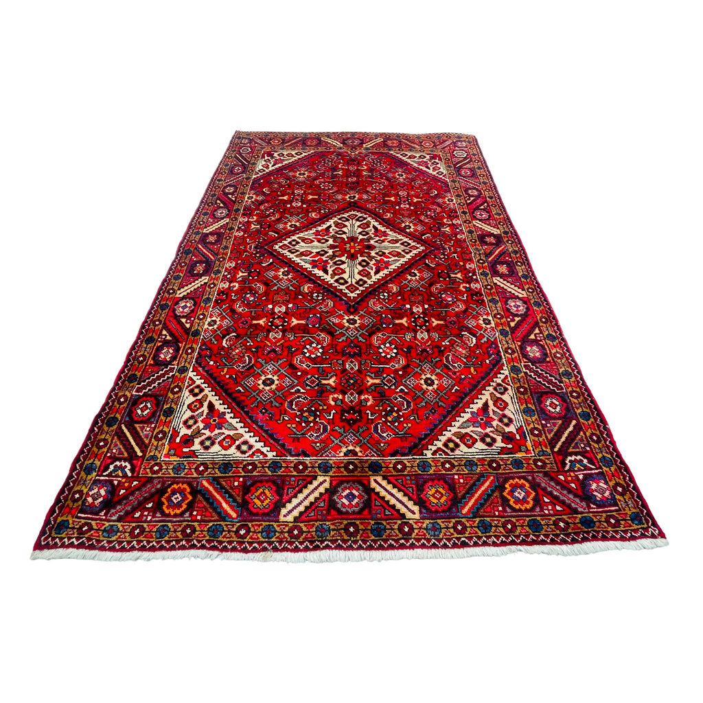 Orientteppich Rot Beige Blau Rautenmedaillons, 250 × 162 cm (8,2 × 5,3 ft), handgeknüpftes Unikat
