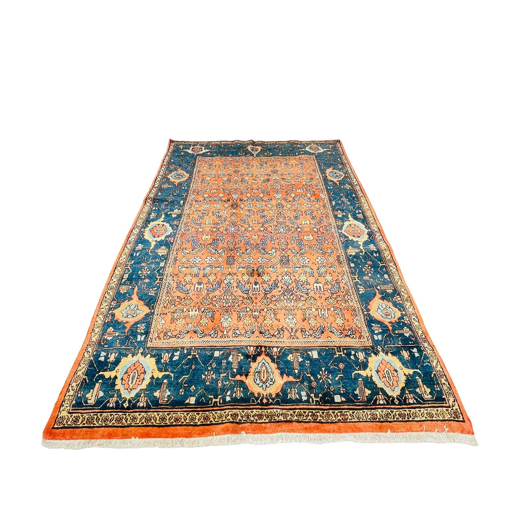 Orientteppich Orange Blau Blüten, 246 × 163 cm (8,1 × 5,3 ft), handgeknüpftes Unikat