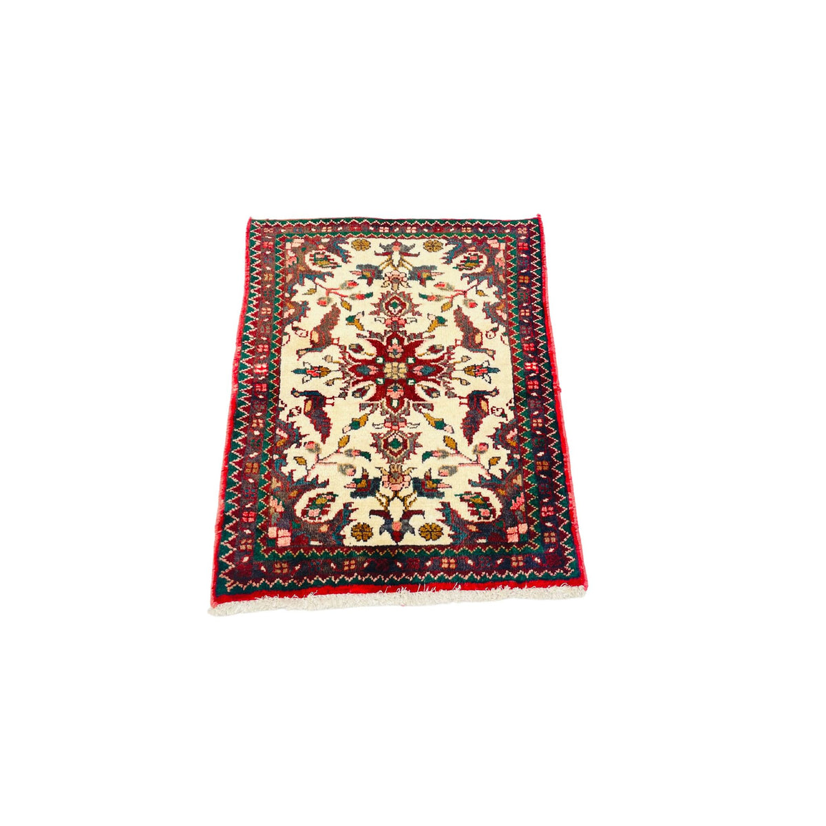 Poshti Orientteppich Beige Rot Vogelmotive, 75 × 60 cm (2,5 × 2,0 ft), handgeknüpftes Unikat
