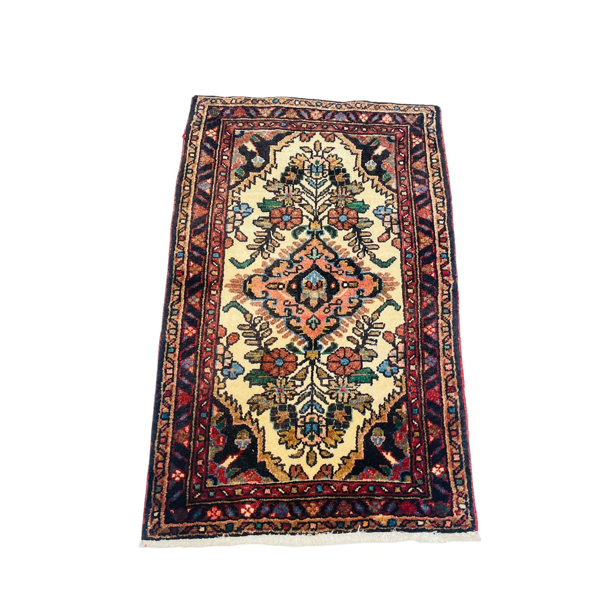 Poshti Orientteppich Beige Rot Medaillon, 96 × 59 cm (3,1 × 1,9 ft), handgeknüpftes Unikat