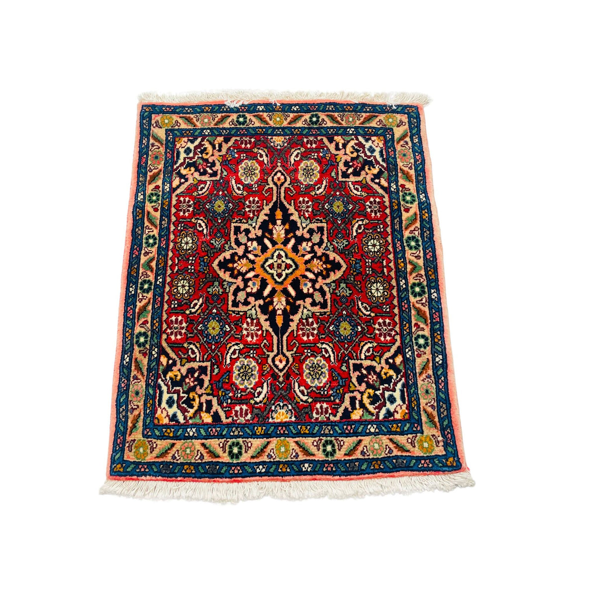 Poshti Orientteppich Rot Blau Sternmedaillon, 84 × 60 cm (2,8 × 2,0 ft), handgeknüpftes Unikat